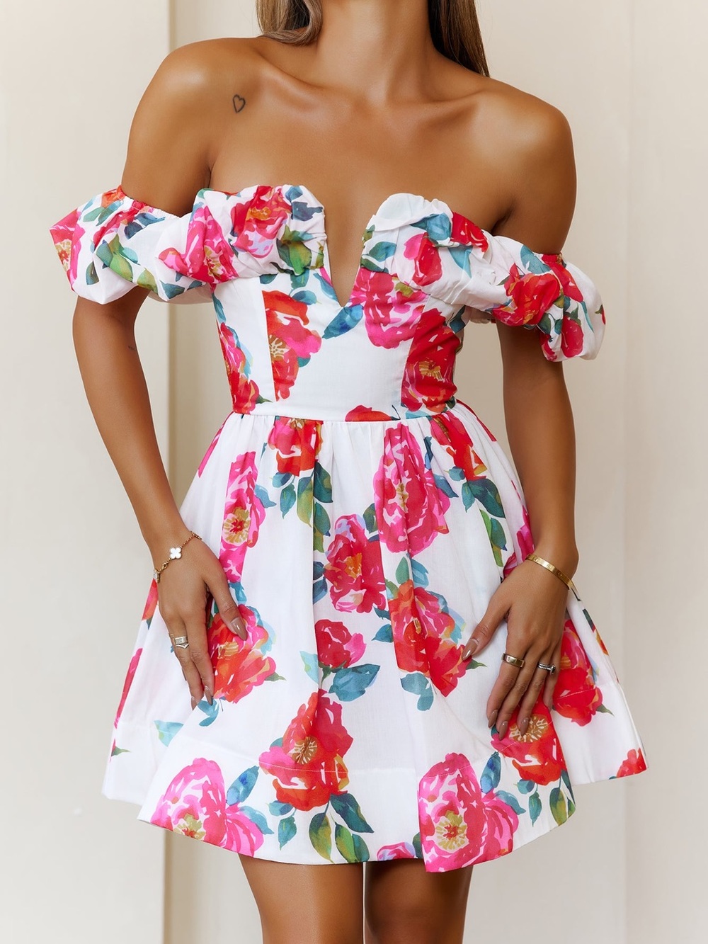 VELVET ROSÉ OFF SHOULDER MINI DRESS - Picture 2 of 5